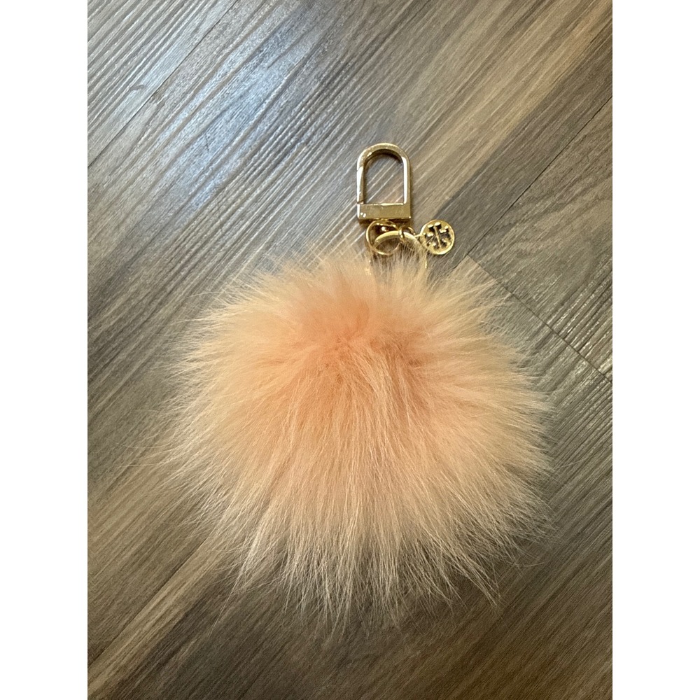 Tory Burch Bag Charm Peach Fox Fur Pom Pom Gold Tone Keychain